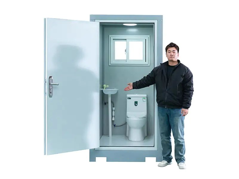 Single-Person Outdoor Portable Toilet with man showing scale